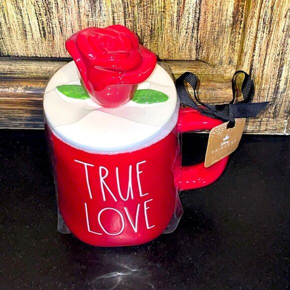Rae Dunn Disney beauty and the beast true love coffee mug with rose topper - Picture 4 of 5